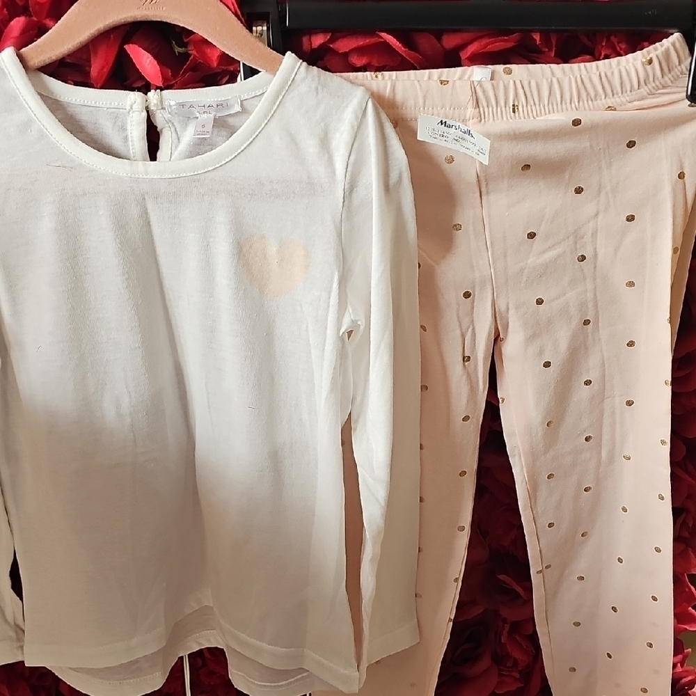 Tahari Kids White Heart Long Sleeve Top and Pink Polka Dot Pants Set NWT Size 6
